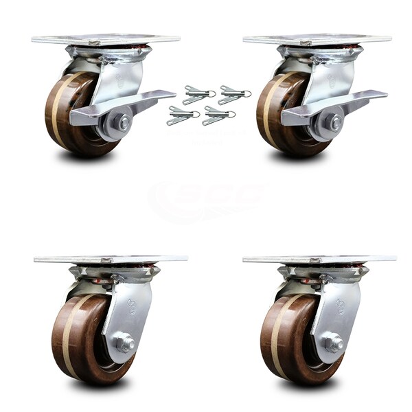 Service Caster 4 Inch High Temp Phenolic Caster Set with Roller Bearing 4 Swivel Lock 2 Brake SCC-35S420-PHRHT-SLB-BSL-2-BSL-2 - main